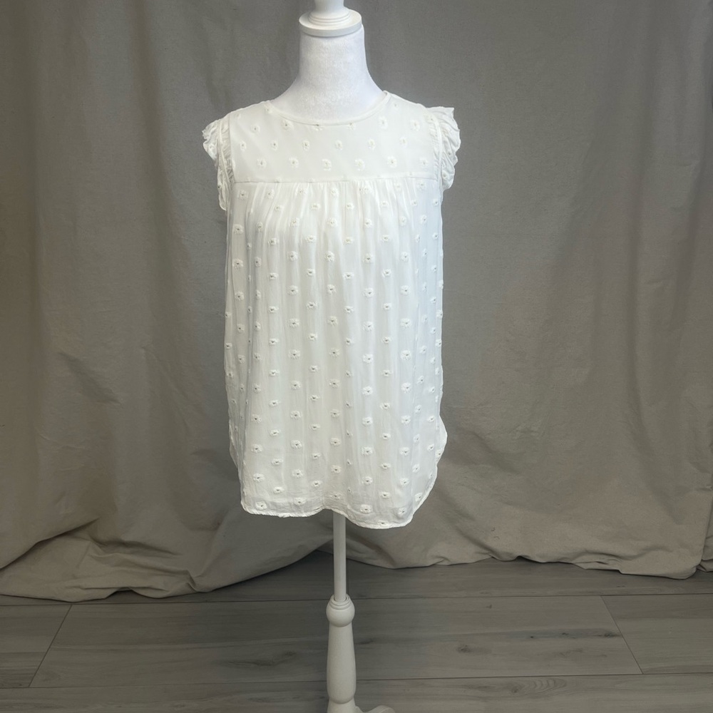 LOFT White Sleeveless Gold Metallic Floral Blouse Sz XS Coquette Feminine Spring